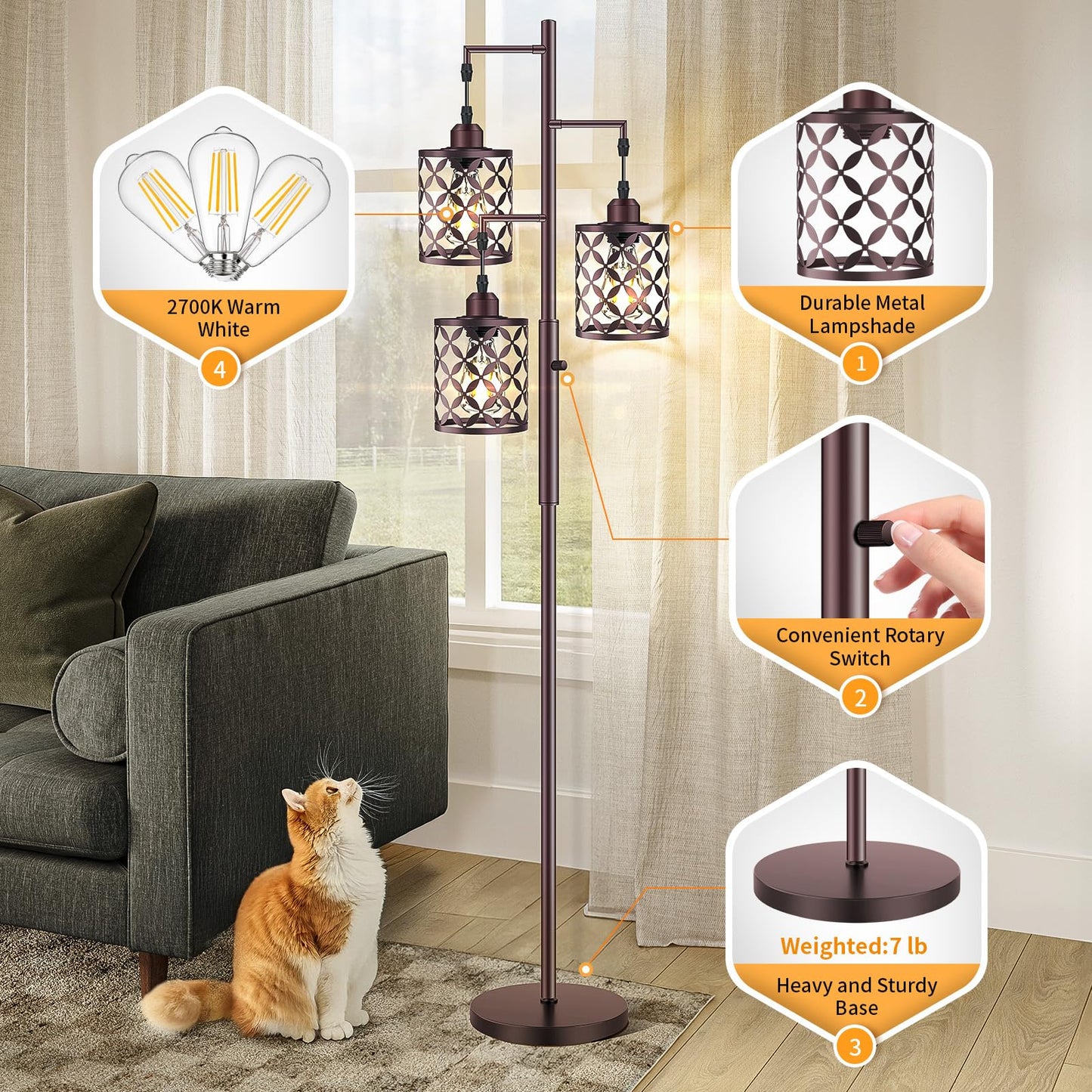 GHOOCEMLUX Dimmable Floor Lamp, Farmhouse Standing Lamp with Elegant Metal Cage, Industrial Tall Tree Floor Lamps for Living Room Bedroom Study Room Office, 3 x 800LM LED Bulbs Included - 68", Brown