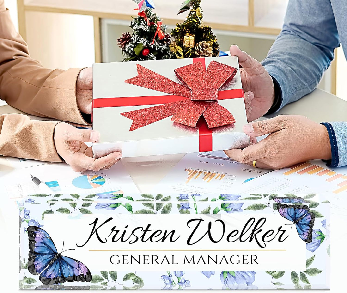 Skiennix Personalized Desk Name Plate - Custom Acrylic Office Sign for Employee Appreciation | Blue Butterfly Design