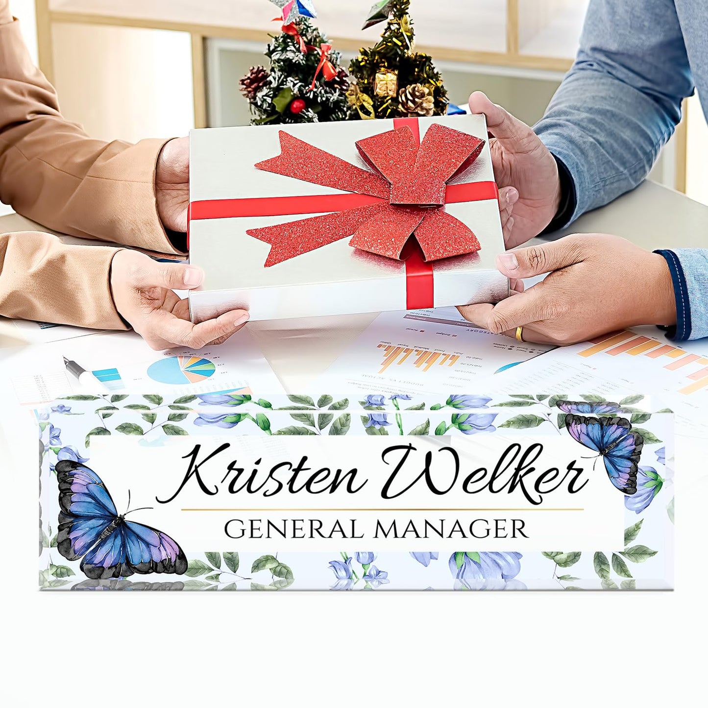 Personalized Office Name Plate for Desk - Custom Employee Appreciation Gifts - Acrylic Desk Name Plate Personalized - Staff Appreciation Gift for Teacher, Coworker, Nurse, Manager (Blue Butterfly)