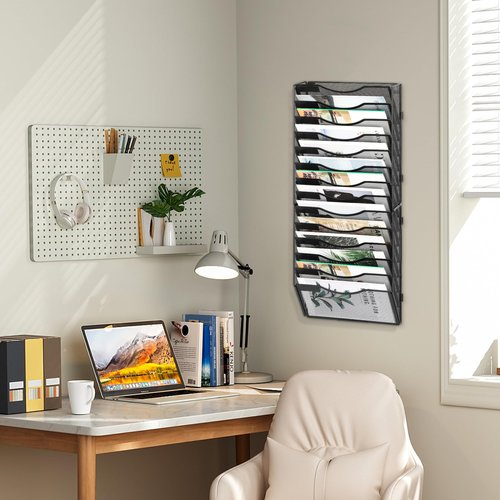 EasyPAG 14 Pocket Wall File Organizer, Black | Metal Mesh Wall Mounted File Holder | Assembly Hanging Mail Organizer | Replaceable Classify Labels | Office Home Letter Size Paper Storage