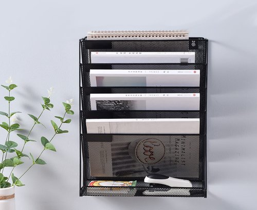 JINGWAYS Hanging Wall File Organizer Magazine Holder Mail Sorter Magazine Rack Office Supplies Metal Mesh Desk Organizer with Bottom Flat Tray, 6 Tier (BLACK)