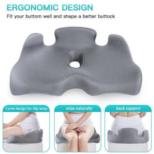 Benazcap Memory Seat Cushion for Office Chair Sciatica & Back Pain Relief Memory Foam Firm Coccyx Pad for Car, Wheelchair, Gaming Chair and Desk Chair, Gray