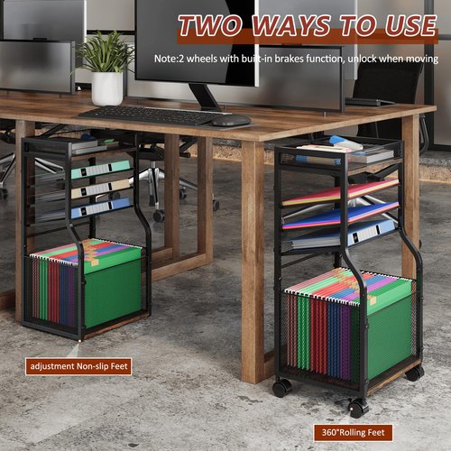 3IngSeagulls 5-Tier Rolling File Cart with Hanging File Folders, Mobile Desk File Organizer on Lockable Wheels, Wood & Mesh Paper Letter Sliding Trays Organization for Office, Home, School, Patent