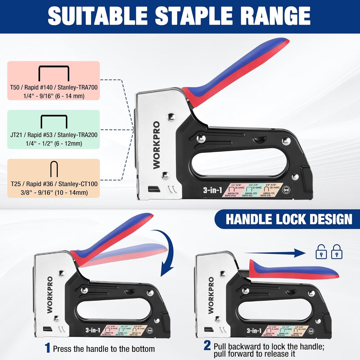 WORKPRO Heavy Duty Upholstery Staple Gun - 3-in-1 Manual Brad Nailer with 3000 Staples for DIY Projects