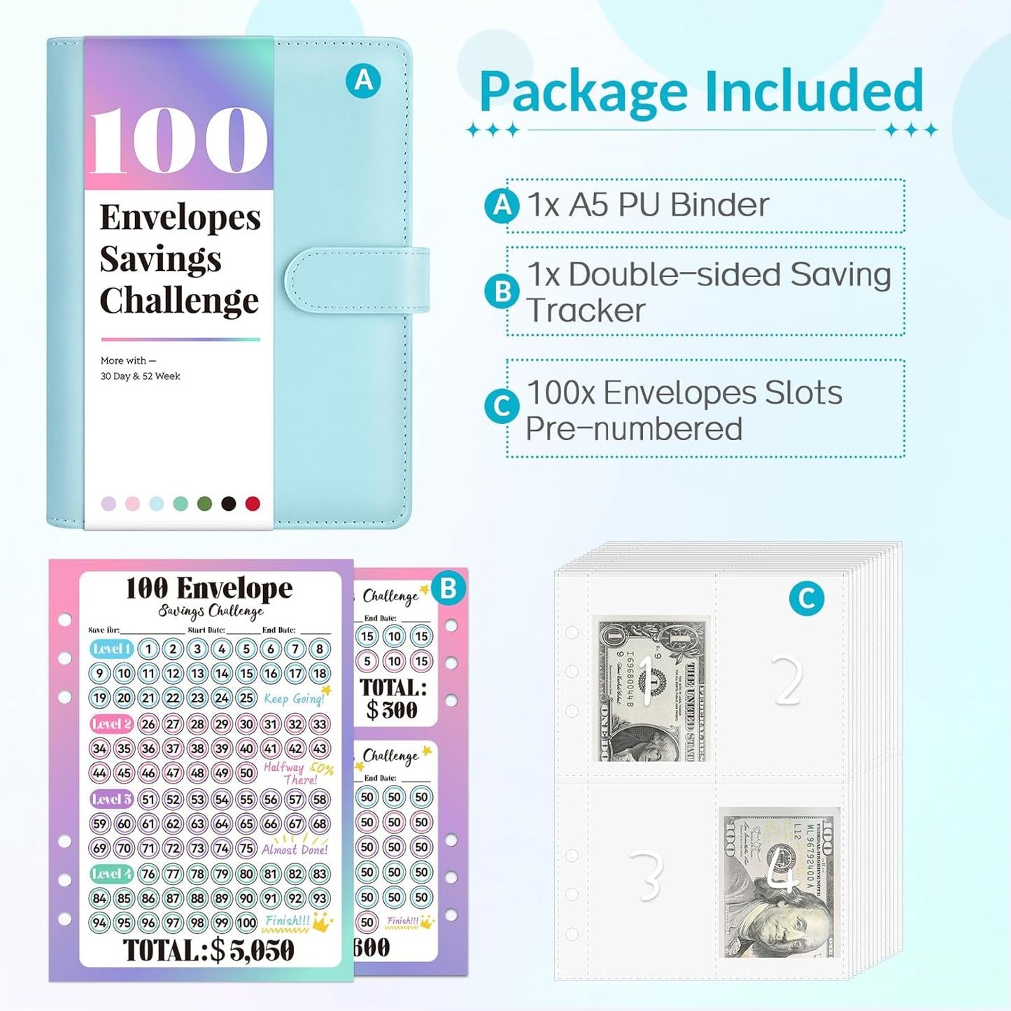 Sooez Money Saving Challenge Envelopes - 100 Pocket Savings Binder with Reusable Tracker & Flexible Goals