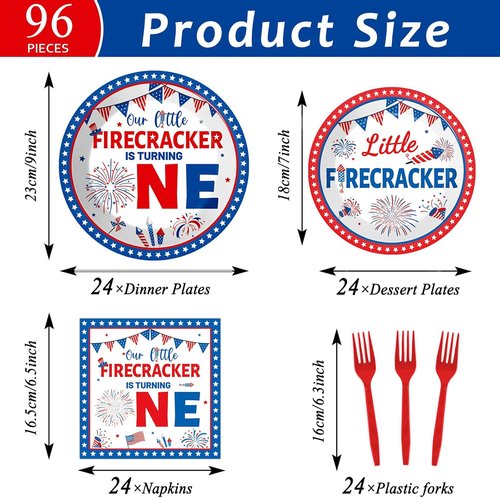 Little Firecracker 96-Piece First Birthday Party Tableware Set - Plates & Napkins for 24 Guests | 4th of July Independence Day Decorations