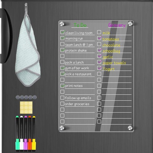 Skiennix Acrylic Magnetic Dry Erase Board - 12" x 8" Clear To-Do List for Fridge | Includes 5 Markers