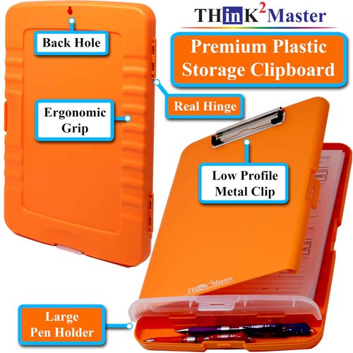 Think2Master [3 Pack] Orange Plastic Storage Clipboard with Pencil Holder. | 25% Heavier & 25% Sturdier| Heavy Duty. Nursing, Teacher & Classroom Must Have.