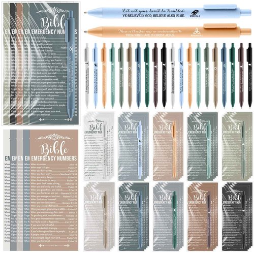 Feifeiya 200 Set Christian Church Gifts 200 Bible Verse Pens Bulk 200 Bible Emergency Numbers Bookmarks Religious Pens Church Visitors Gifts for Men Women(Boho Colors,Classic Style)