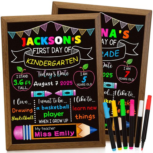 Double-Sided First Day and Last Day of School Board Sign with 6 Colorful Markers,14x12 Inch Reusable Chalkboard, First & Last Day Photo Prop for Kindergarten Preschool Elementary Kids