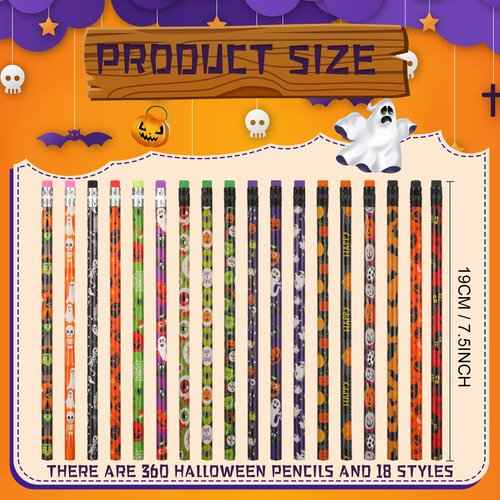 360 Pieces Halloween Pencil with Eraser Fun Assortment Halloween Themed Pencil Novelty Ghost Pumpkin Skeleton Bat Spider Wooden Drawing Pencils for Halloween Party Supplies