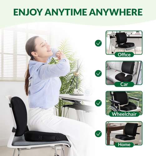 FuturaLoom Seat Cushion & Adjustable Lumbar Support Pillow Set,Charcoal Memory Foam for Sciatica,Back & Tailbone Pain Relief,Washable Cover & Non-Slip,Ergonomic for Office Chair,Car,Wheelchair -Black