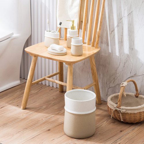 Bathroom Accessory Set 4 Piece & Small Trash Can Wastebasket, Rustic Farmhouse Bathroom Decor, Living Room Decor, and Accessories, Sand Glaze Non-Slip Design, Beige