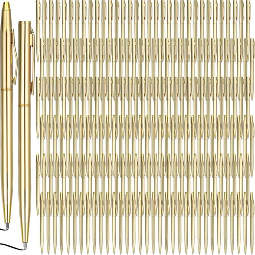 Fuutreo 200 Pack Wedding Gold Pens Bulk Gold Metal Pens Slim Ballpoint Retractable Ballpoint with Black Ink Mini Conical for Wedding Favors Guests, Office Business Teachers,1.0 mm