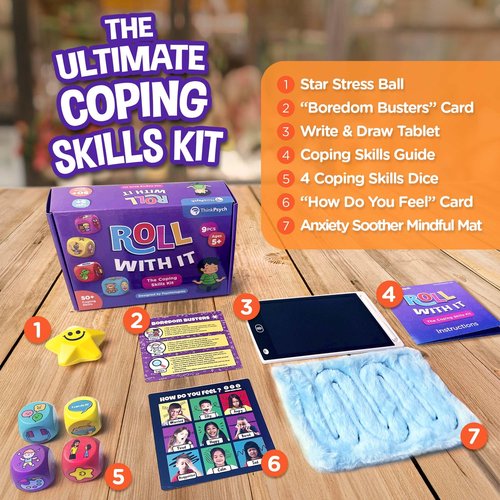 ThinkPsych Roll with It - CBT Coping Skills Kit - Anger Management - Stress Relief - Social Emotional Learning Toys & Anxiety Relief Tools for Kids - Ages 5-12 - Play Therapy & Calm Down Kit