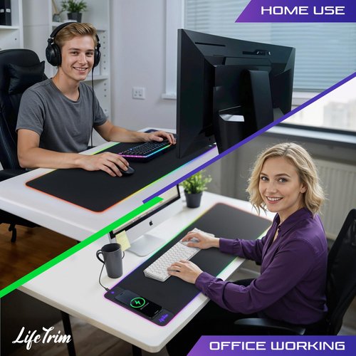 LifeTrim Wireless Charger LED Mousepad 35.5 x 12 Inch RGB Gaming Mouse Pad 10 Light Modes 4mm Thick Large Desk Pad Wireless Charging Cool Mouse Pad for PC Accessories & Gaming Gifts