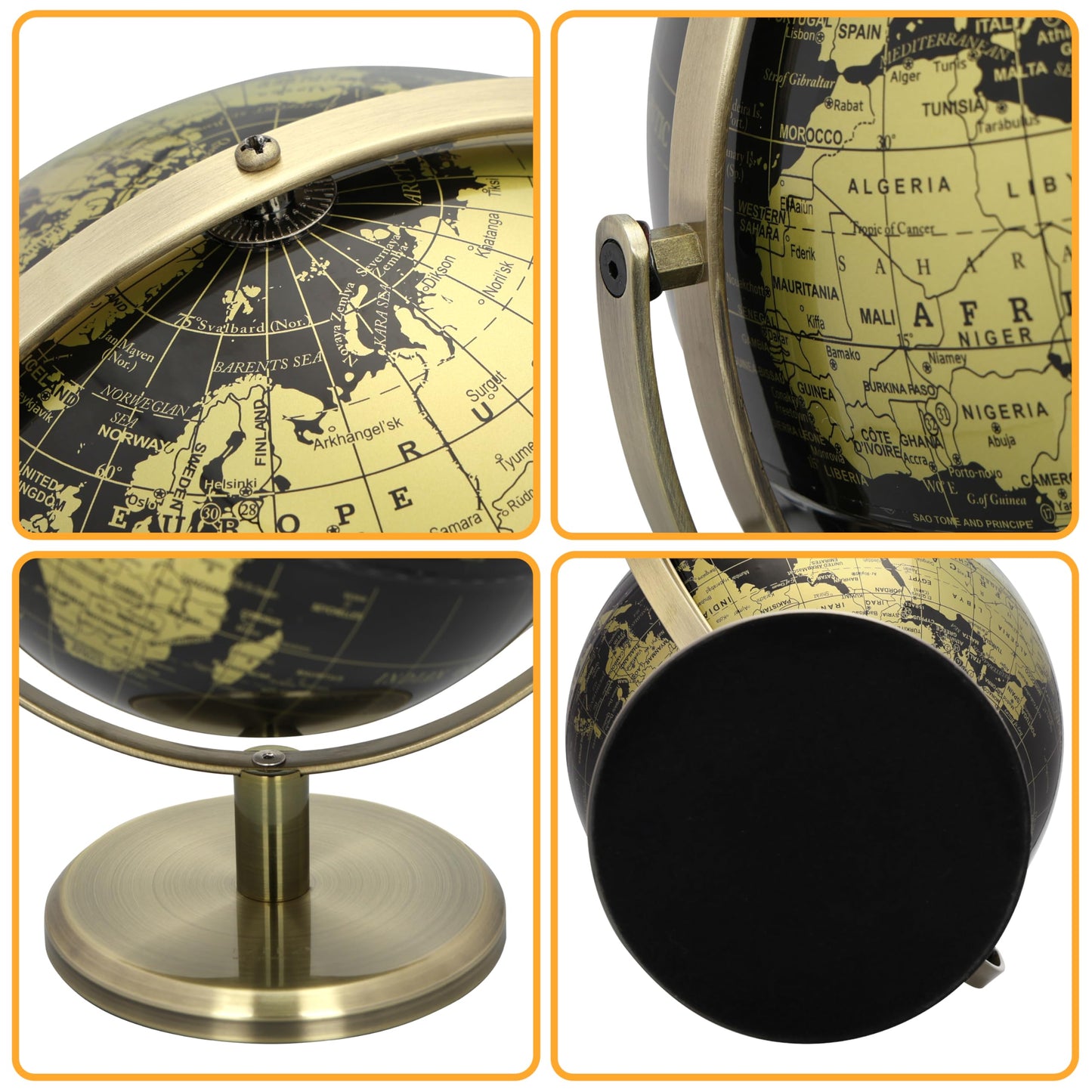 EXERZ 8" Globe Black & Golden, All Direction 360 Rotating - World Globe Educational Geographic - Bronze Arc and Base. English Map.