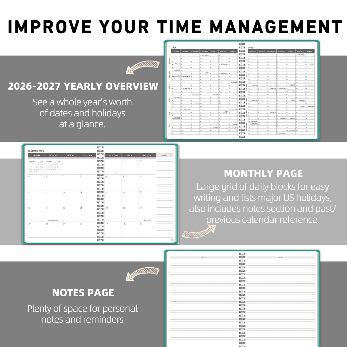 Monthly Planner Jan 2026 - Dec 2027, Monthly Planner for 24 Monthes, 9×11 Inch, Teacher Monthlys, Hard PVC Cover, Spiral Bound, Time Management Calendar, Perfect for School & Office (Blue)