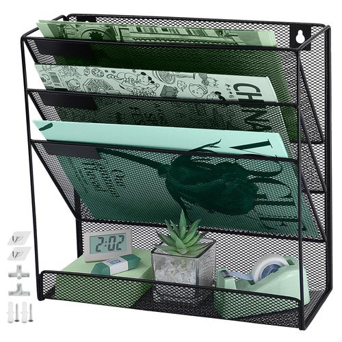 ideallife 3 Pockets Mesh Wall File Holder Organizer with Bottom Flat Tray, Office Hanging File Folder Magazine Rack, Nametag Label Hooks Set Included, Black
