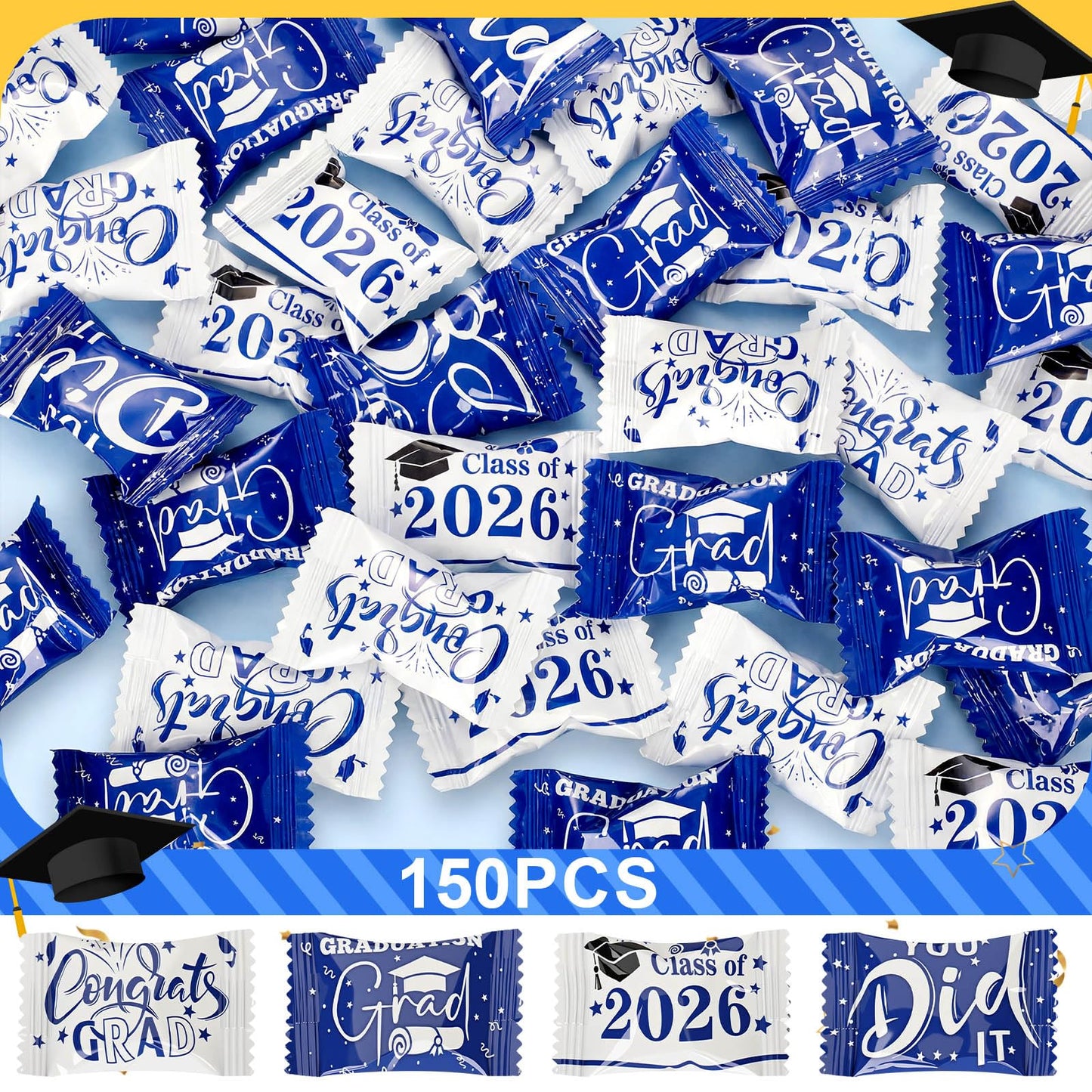 Naucoos Congrats Graduation Candies Class of 2026-26.5 oz Bag 150 Pcs Individually Wrapped Congratulations Goody Treat Sweets Grad Mint Candy for Adults Graduations Party Favors(Blue and White)