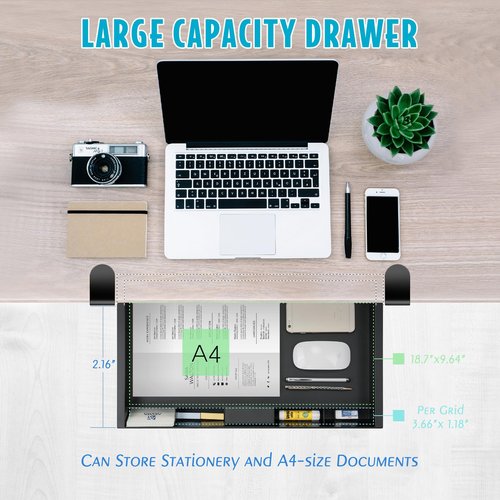 EHO Under Desk Slide-Out Storage Drawer, Large 20"x11.8" Pull-Out Organizer with Smooth Sliding Rail, Adjustable C-Clamp Mount, Black Tray for Home Office & Standing Desk