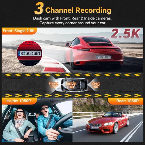 Dash Cam Front Rear and Inside, 3 Channel Dual Dash Camera for Cars WiFi 2.5K Dashcams for Car W/ 64GB Card,1440P Dashcam Front+1080P Inside Car Camera+1080P Rear Car Dash Cam,G-Sensor,IR Night Vision