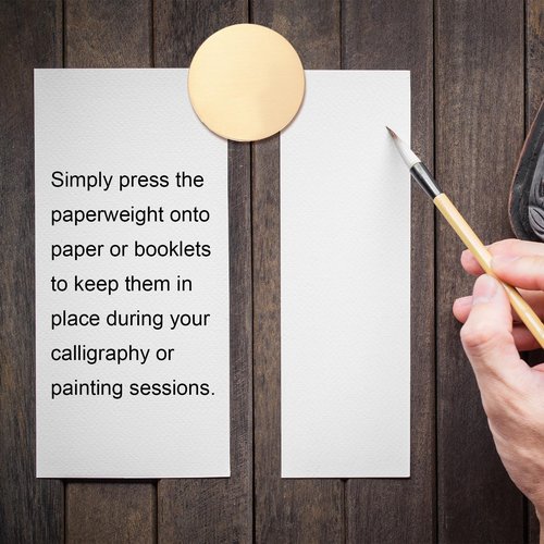 PATIKIL 2 Pcs Chinese Calligraphy Paper Weight, 50mm Round Brass Paperweight Holding Paper Flat for Painting Writing Ink Drawing Desktop Home Office Decoration, Gold Tone