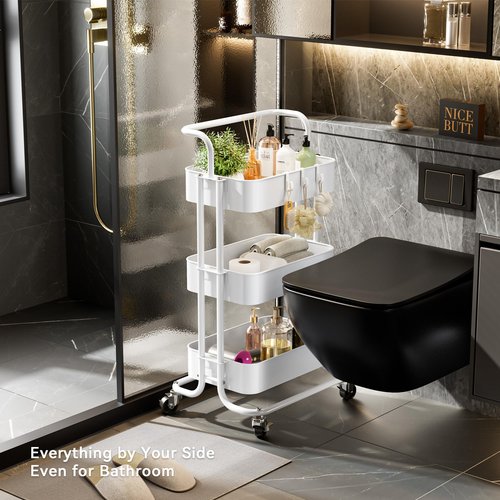 YIPPPPE 3 Tier Rolling Cart, Mobile Office Storage Cart with Handle and Lockable Wheels, Utility Organization with Metal Mesh Shelves for Kitchen Bedroom, White