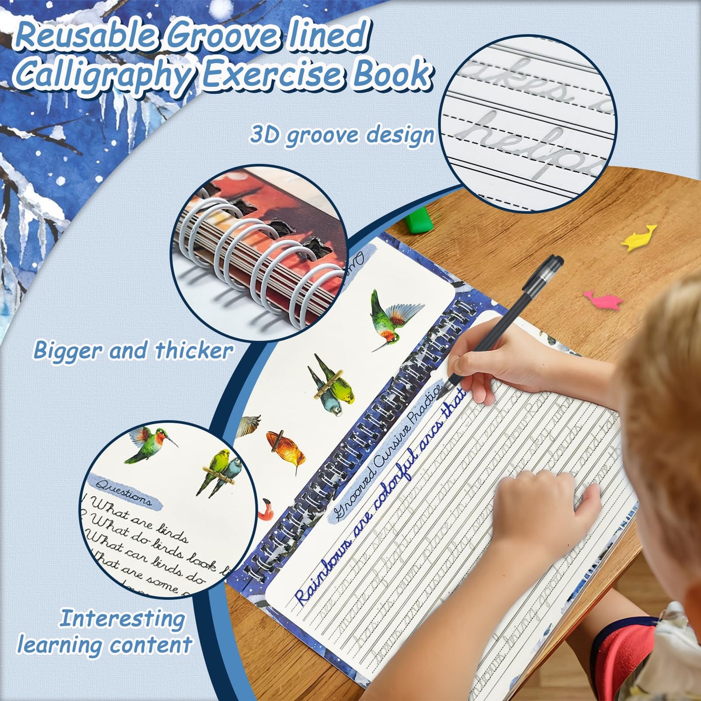COARVXA 4 Pack Cursive Handwriting Workbook，Magic Grooved Writing Practice Books，Reusable Handwriting Practice Books，Cursive Kickoff Student Workbook for Kids Ages 5-12, Writing Without Tears
