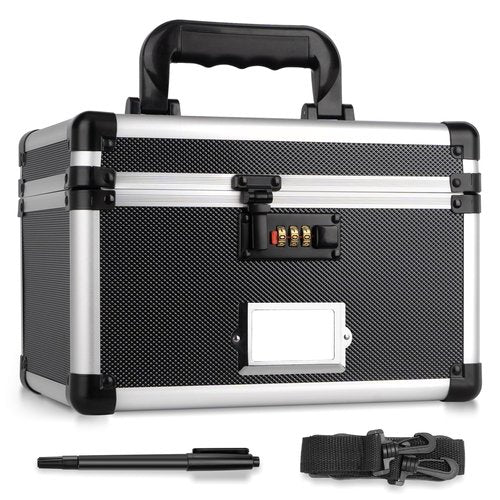 LOCKCURX 11 x 7 x 8.3 Inch Lockable Storage Box with Combination Lock, Portable Safe for Documents, Medicine, Cash & Valuables, Medicine Lock Box with Label Slot for Home, Office & Travel - Black
