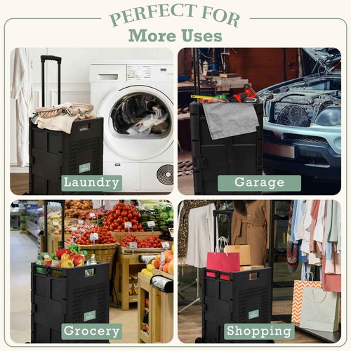 Inspired Living Collapsible Ultra-Slim Pack-N-Roll 4 Wheel Utility Cart, Upto 55 Lbs,Telescopic Handle,durable for Home, Garden, Shopping, Office, School, Laundry, Folds down to 3" Medium, Tall, Black