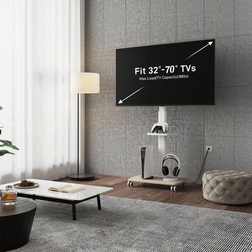 FITUEYES Rolling TV Stand with Power Outlets, Swivel Portable TV Stand for 32-70 Inch LCD LED OLED Flat/Curved Panel Screen TVs, Height Adjustable&Wood Base, Mobile TV Cart with Shelf