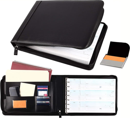 2Fold | Zippered Business Checkbook Binder - 7 Ring Organizer with Card Case - PU Leather for 600 Checks (Black)