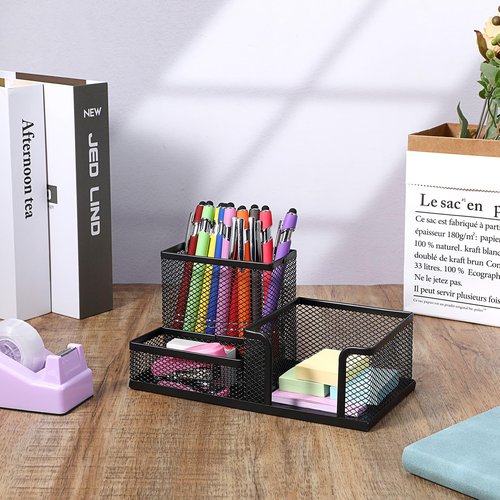 mekueeex Mesh Pen Pencil Holder Note Holders Desk Organizer, 3 Compartment Wire Desktop Pen Pencil Cup Caddy Office Supplies Accessories for Home Office School, Black(4 Pack)