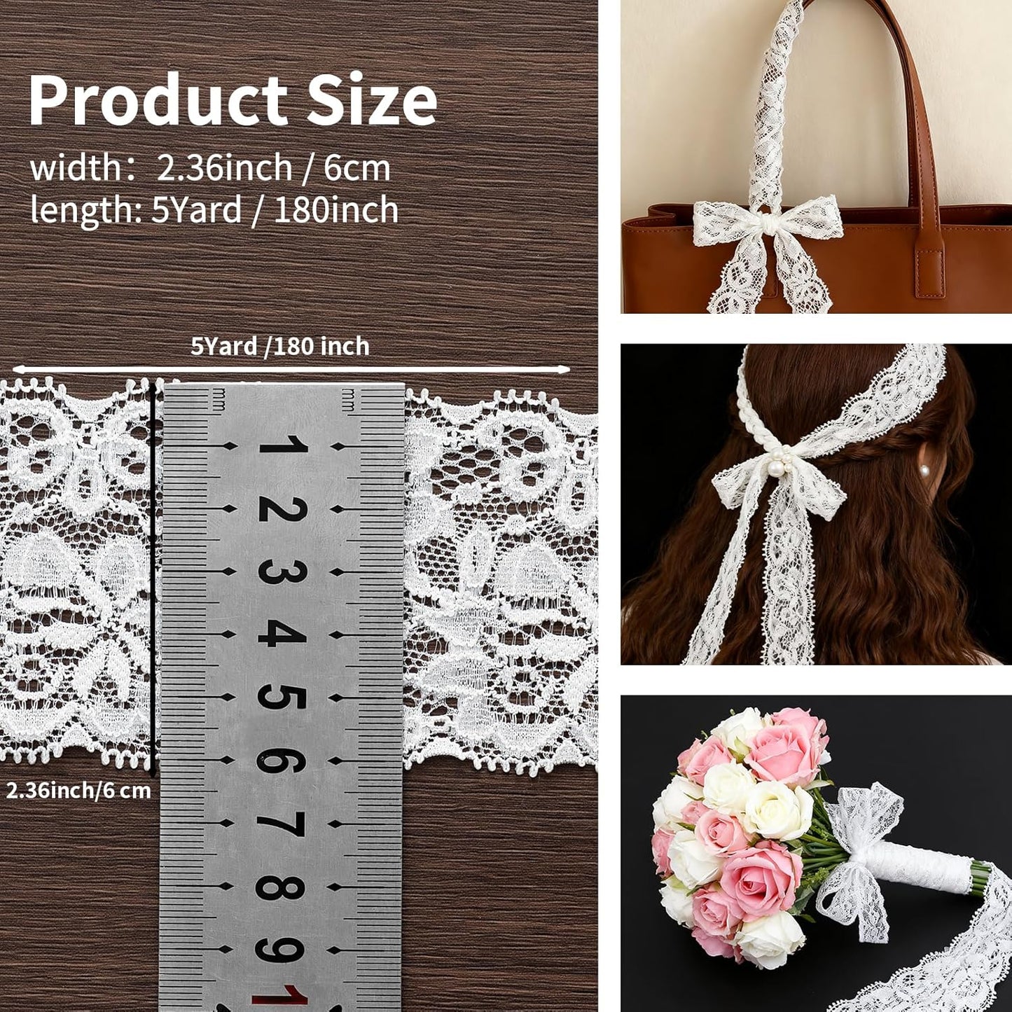 Skiennix Lace Trim Ribbon - 5-Yard White Lace for Crafts & Bridal Decorations | 2.36 Inch Width