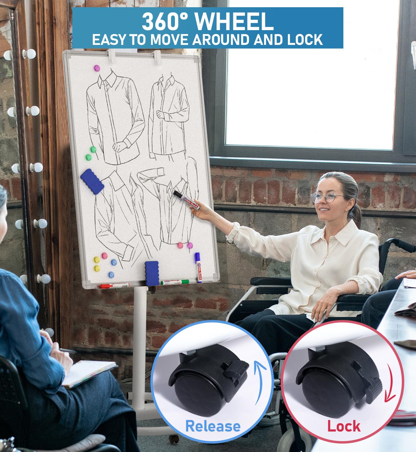 Nicpro Mobile Whiteboard 36"x 24" Magnetic Dry Erase Board, Height Adjustable Standing Easel with 5 Wheels, Flipchart Hooks, Rolling for Office Home or Classroom Teaching