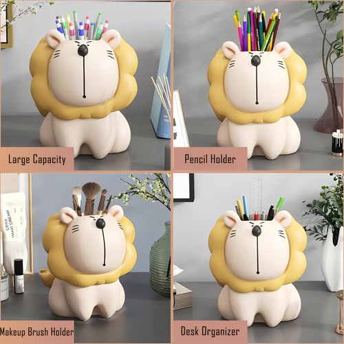 ZKSYLSM Lion Pencil Holder for Desk, Cute Pen Cup Organizer - Resin Animal Pen Holder, Desk Decor for Office Home Classroom, 3.1x4.3x4 Inch, Beige Yellow
