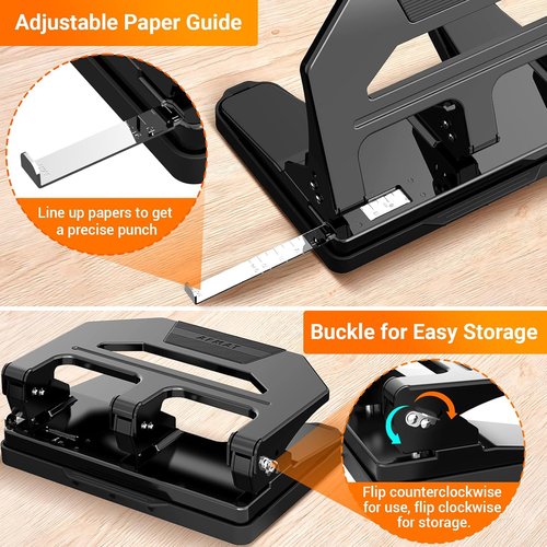 AFMAT Heavy Duty 3 Hole Puncher - Effortless 40-Sheet Capacity | Durable Metal Design with Large Tray (Black)