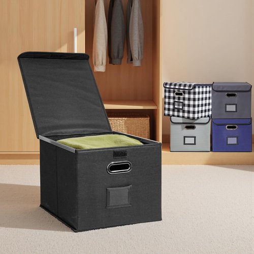 Hleelomi File Organizer Box, Linen Filing Organizer with Lid, Large Desktop File Boxes, Black,2 Pack