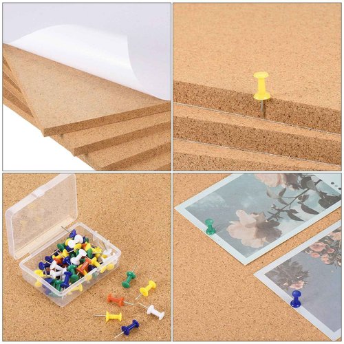 PATIKIL Cork Board Tiles, 6 Pack 12" x 12" Cork Board Bulletin Board, 1/2" Thick, Small Square Pin Board with Self Adhesive, 50 Push Pin Wood Clips for Wall, Home & Office
