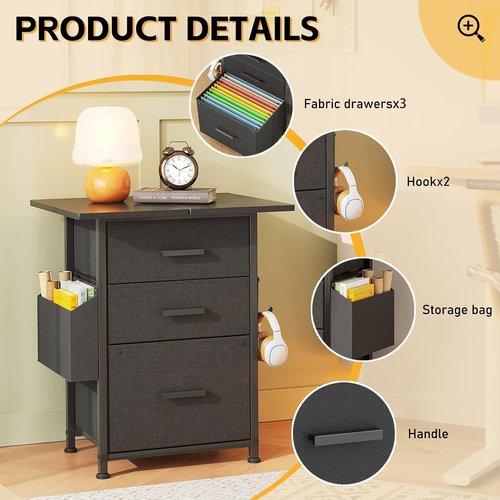 Mexin 3 Drawer File Cabinet - Mobile Printer Stand with 24'' Extended Desktop | Black, A4 Size, Home Office
