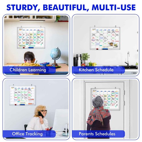 Dry Erase Calendar Whiteboard for Wall, 36" x 24" Magnetic Monthly White Board Calendar Dry Erase, Wall Hanging Aluminum Frame with Tray for Home, School, Office (Silver Frame)