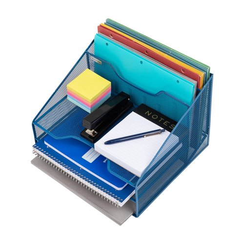 Mind Reader Metal Mesh Desktop File Organizer, 3-Tier Paper Tray with 5 Compartments, Office Mail Sorter, Turquoise