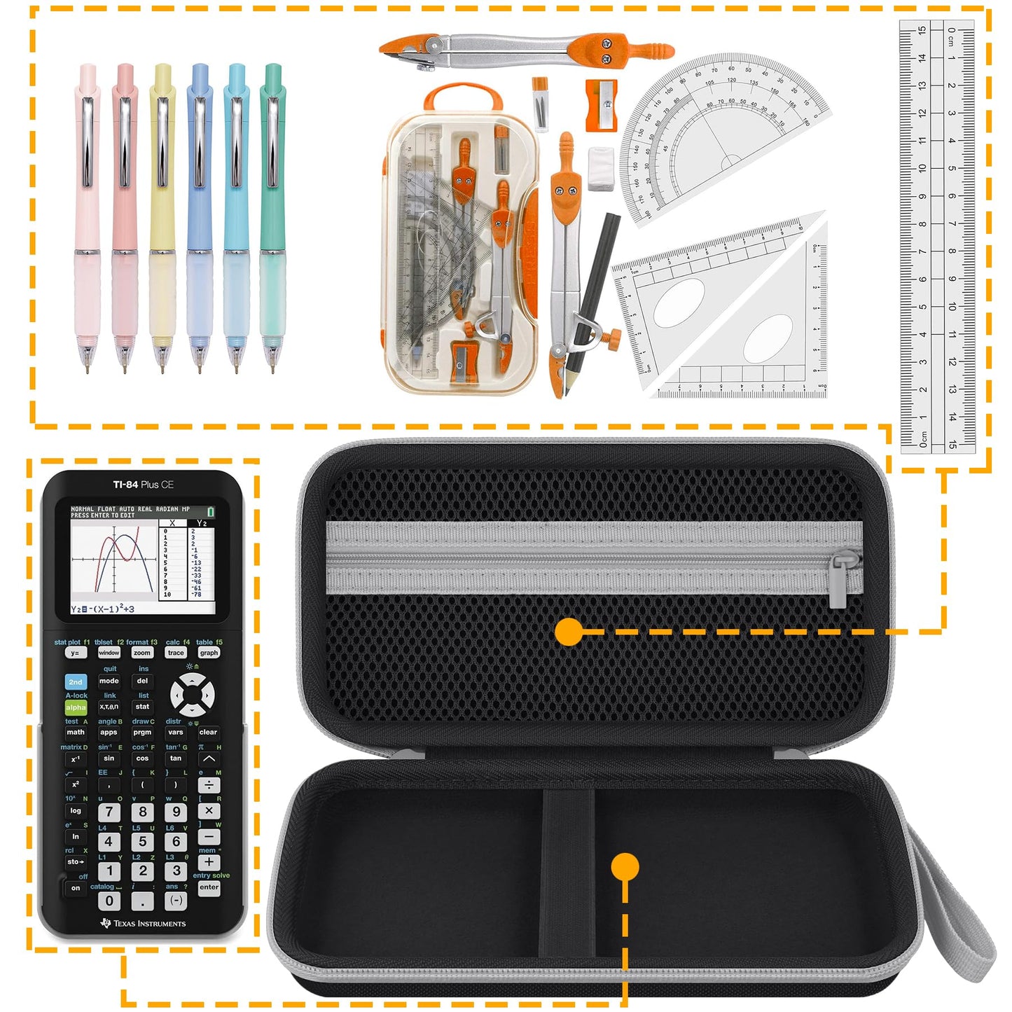 Baval Calculator Case Compatible with Texas Instruments TI-84 Evo/TI-84 Plus CE/TI-84 Plus/TI-Nspire CX II CAS/TI-Nspire CX II/TI-83 Plus Color Graphing Calculator(Black Case,White Zipper)
