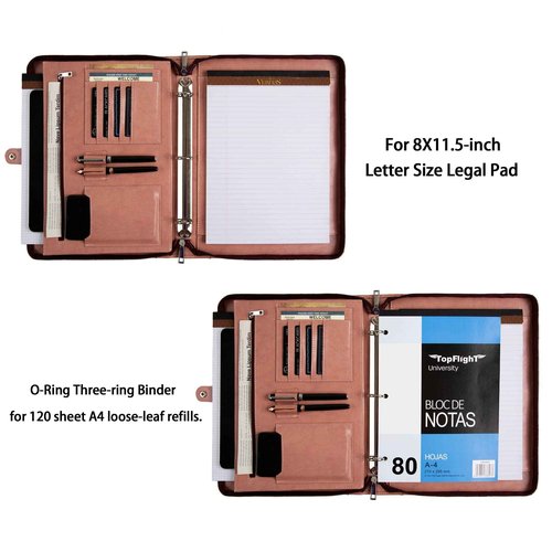 3-Ring Portfolio Padfolio for Women, Vegan Leather Binder, Pink, Zipper, Handmade Portfolio Organizer, Personalized for Lefty & Righty