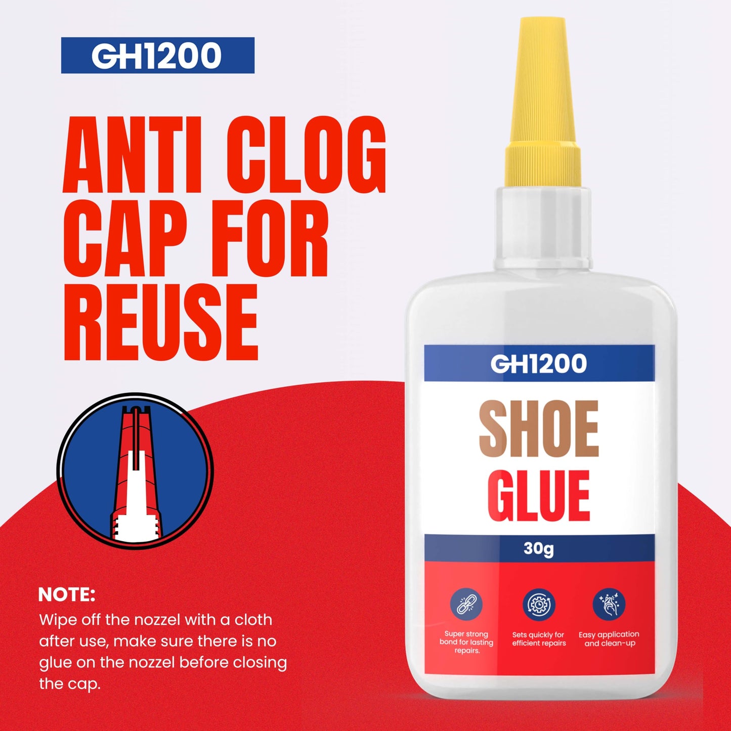 GH1200 30gx2 Pack Shoe Glue Heavy Duty, Clear Drying & Strong Shoe Glue Sole Repair, Non Stiff Repairs, Pegamento para Zapatos, Fixes Sneakers, High Heels, Crocs & More, can Bear Extreme Conditions