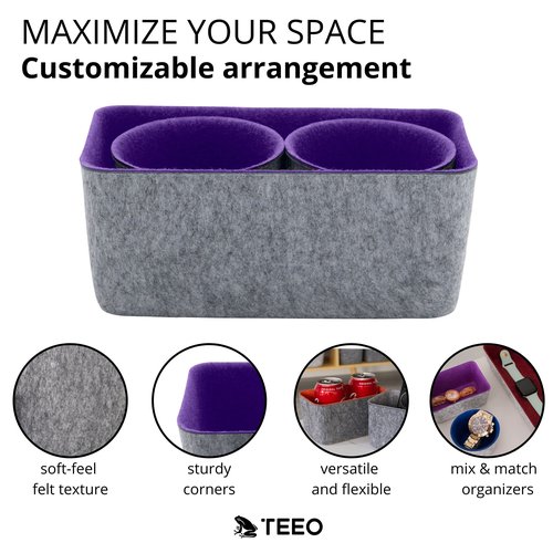 Teeo - Drawers Organizer Storage - Clothing and Desk Caddy - Closet Drawer Bins - Home Office Cosmetic Dividers Compartment - Bedroom Closet Organization - Pack of 3, Purple