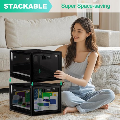 Medicine Lock Box with Code, 12.6L Large Lockable Storage Box for Medication, Snacks, Phone, and Electronics - BPA-Free, Clear Design with Charger Holes for Home, Office, Dorm, and Fridge