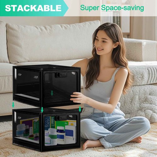 Medicine Lock Box with Code, 12.6L Large Lockable Storage Box for Medication, Snacks, Phone, and Electronics - BPA-Free, Clear Design with Charger Holes for Home, Office, Dorm, and Fridge