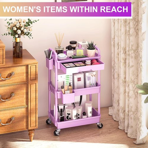 Goovilla 3-Tier Rolling Utility Cart - Sturdy Purple Organizer with Removable Drawer & Lockable Wheels